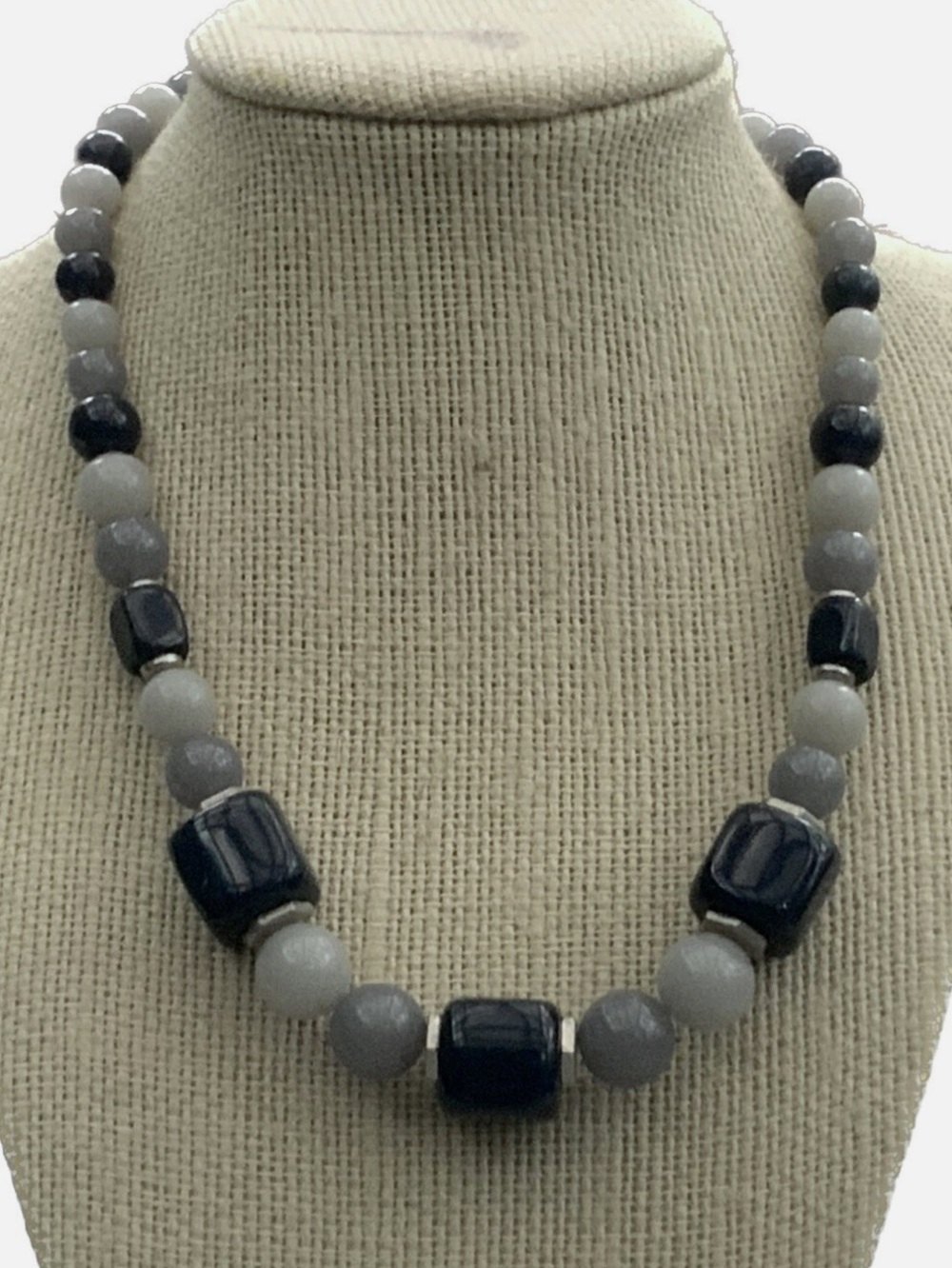 VTG Crown Trifari Lucite Blue/Gray Graduated Beaded Necklace NWOTS